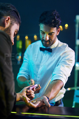 Buy stock photo Man, bartender and dealing drugs in nightclub for party, disco and rave in bar. Buying pills, dealer and cash in club for nightlife in urban city for crime, money laundering and dope or ecstasy