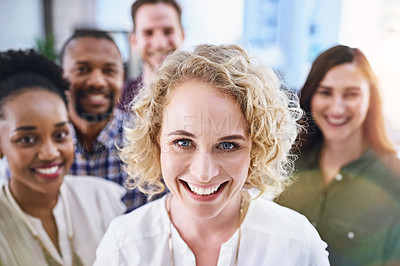 Buy stock photo Happy woman, portrait and face with team at office for business, growth or diversity. Female person, blonde or employee with smile or positivity in group for unity, community or about us at workplace