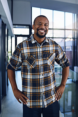 Buy stock photo Black man, office and portrait with happy, smile and confidence from design work and job. Architect, entrepreneur and proud professional at an architecture company ready for working at a startup 