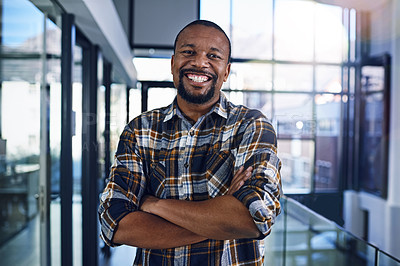 Buy stock photo Office, crossed arms and portrait of business black man with company pride, confidence and smile. Creative startup, professional and happy person for career, work opportunity and job in workplace