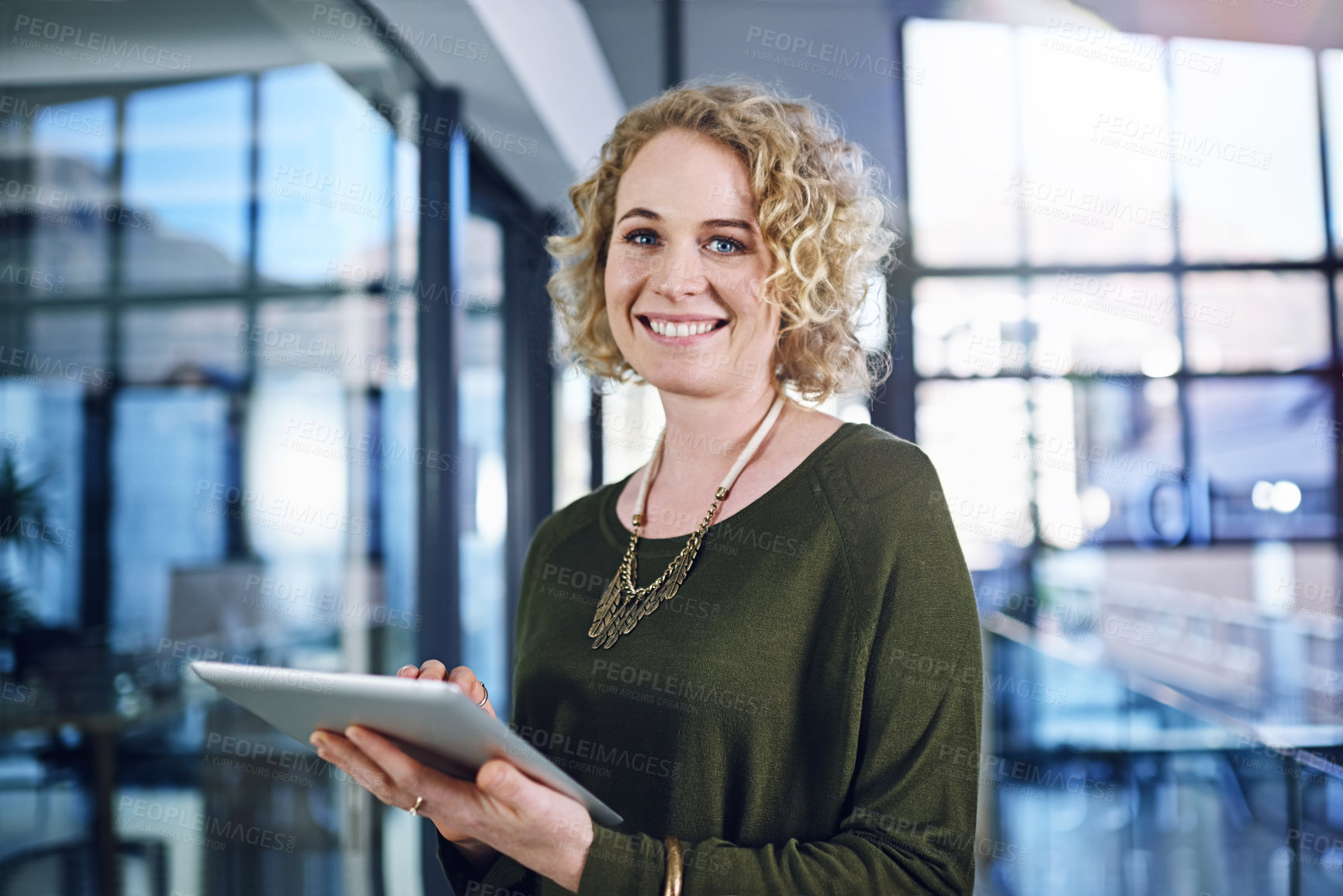 Buy stock photo Business, tablet and portrait of happy woman in office building for planning, agenda or schedule, crm or faq management. Digital, checklist and manager online for client, consulting or b2b networking