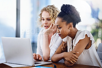Buy stock photo Business, teamwork and women with laptop in office for support, collaboration or consulting for help or advice. Solution, research and digital marketing team with pc or creative, idea or inspiration