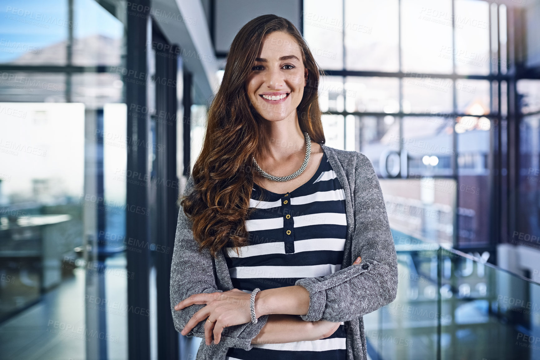 Buy stock photo Office, crossed arms and portrait of business woman with company pride, confidence and smile. Creative startup, professional and happy person for career, work opportunity and job in workplace