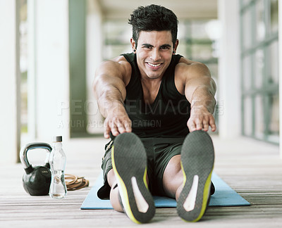 Buy stock photo Stretching, legs and portrait of happy man in exercise and start with healthy preparation for workout. Training, flexibility or athlete warm up body with yoga or pilates for fitness challenge in home