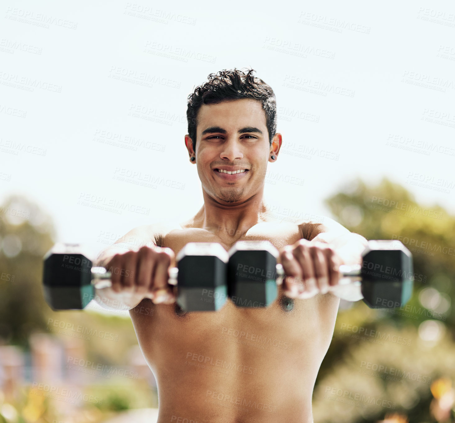 Buy stock photo Dumbbells, portrait or happy man outside in fitness training, exercise or workout for wellness, lifting or balance. Development, challenge or topless athlete with weights for muscle, power or growth