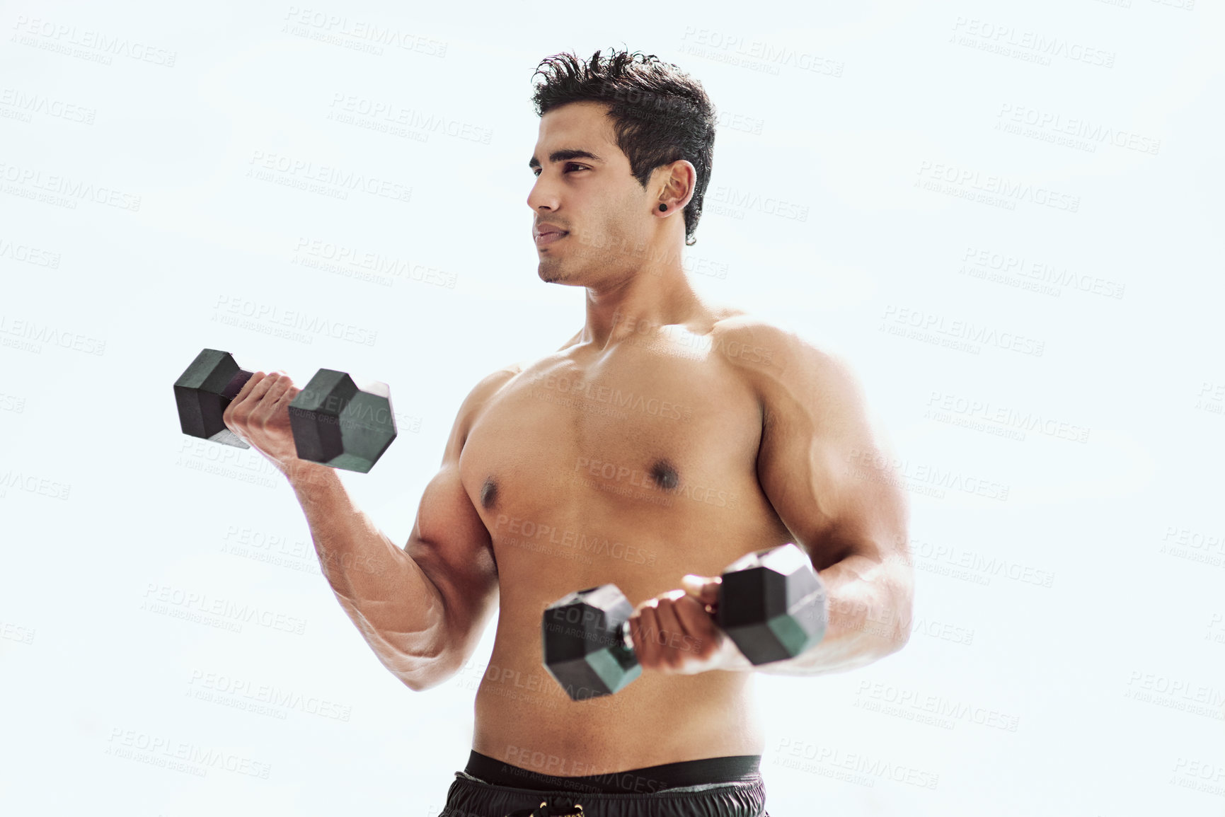 Buy stock photo Dumbbells, bodybuilder and Indian man outside in fitness training, exercise and lifting workout. Arm development, challenge or confident topless athlete with weights for muscle, power or body growth