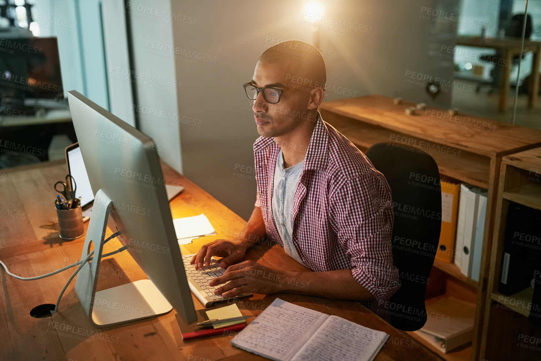 Buy stock photo Man, typing and computer in office at night as web designer for research, information and creative project deadline. Developer, reading and glasses for planning, review or cad systems of overtime