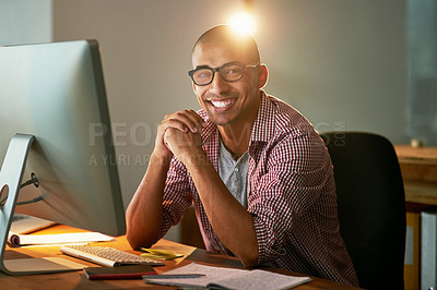 Buy stock photo Man, portrait and work with computer for designer agency or research for industrial design, innovation and software. Male person, digital tech and cad for systems or creative company and overtime.