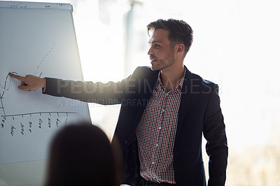 Buy stock photo Business man, meeting and presentation on whiteboard for data analytics, statistics and financial growth. Professional leader, accountant or analyst with numbers graph for revenue, proposal or report
