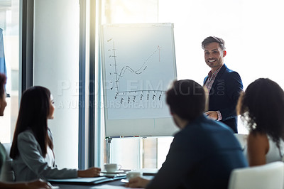 Buy stock photo Professional man, meeting and presentation on whiteboard for data analytics, statistics and financial growth. Business people, accountant or analyst with numbers graph for revenue, proposal or report