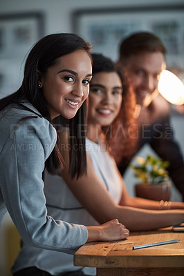 Buy stock photo Portrait of three colleagues working together on a computer in the office