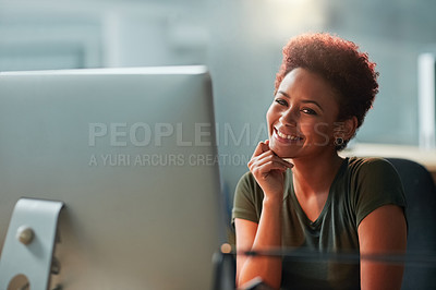 Buy stock photo Business woman, portrait and working on computer with smile, confidence and planning in public relations. Young and professional African person or worker on desktop for creative job in social media