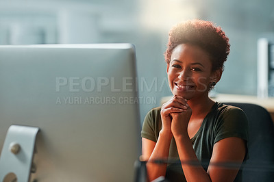 Buy stock photo Business woman, portrait and happy on computer with smile, confidence and working in public relations. Young and professional African person or worker on desktop for creative job in social media