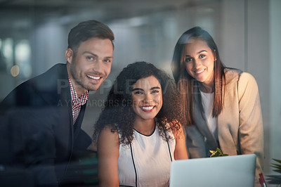 Buy stock photo Business people, portrait and teamwork on computer for project collaboration, planning and copywriting in office. Group of women, man or writer and editor working together on laptop in glass window