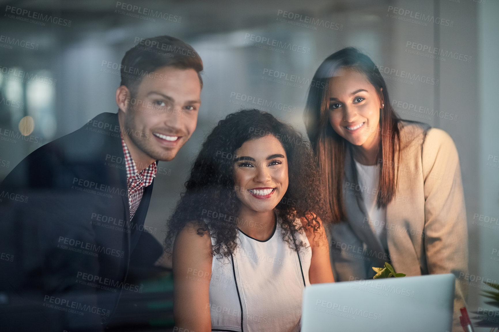 Buy stock photo Business people, portrait and teamwork on computer for project collaboration, planning and copywriting in office. Group of women, man or writer and editor working together on laptop in glass window