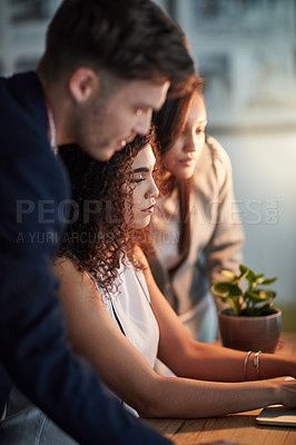 Buy stock photo Business people, planning and collaboration on laptop for brainstorming, copywriting and editing online at night. Group of employees, women or writer and editor with teamwork or reading on a computer