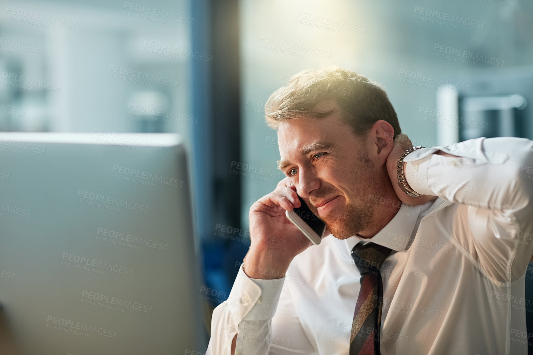 Buy stock photo Phone call, businessman and stress on computer or confused, doubt and neck pain in his office. Accountant, man or worker on mobile and desktop with bankruptcy, crisis or burnout of report or deadline