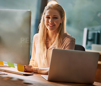 Buy stock photo Office, portrait and woman at computer for research, development and article for online report. Smile, confidence and happy businesswoman at desk with technology, website or business growth analytics