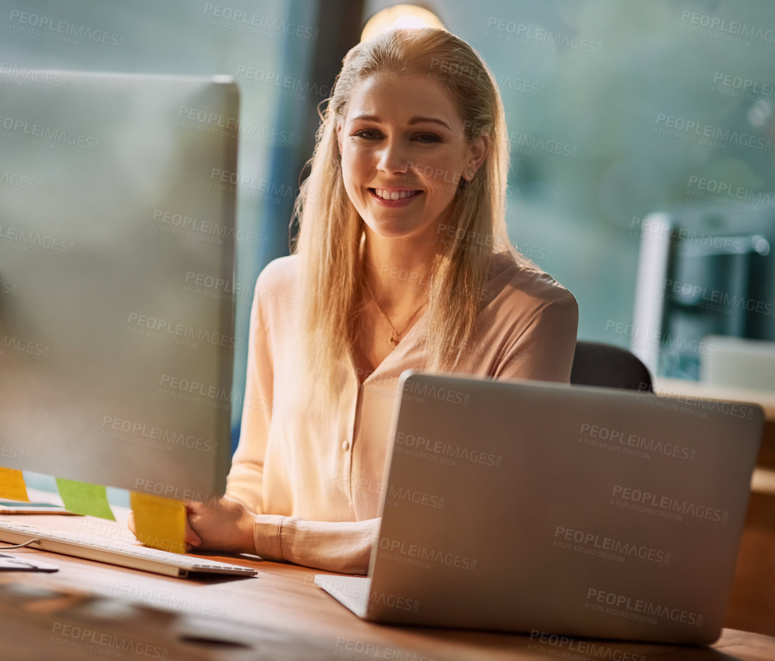 Buy stock photo Office, portrait and woman at computer for research, development and article for online report. Smile, confidence and happy businesswoman at desk with technology, website or business growth analytics