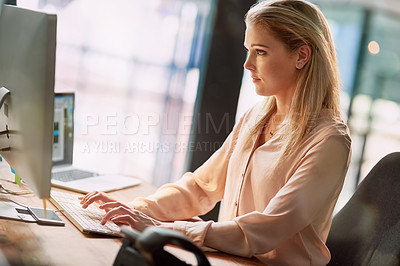 Buy stock photo Office, typing and woman at computer for research, ideas and checking article for online report. Reading, thinking and businesswoman at desk with technology, website and database for growth analytics