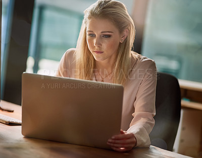 Buy stock photo Office, thinking and woman at laptop for research, ideas and checking article for online report. Email, networking and businesswoman at computer with technology, communication and business growth