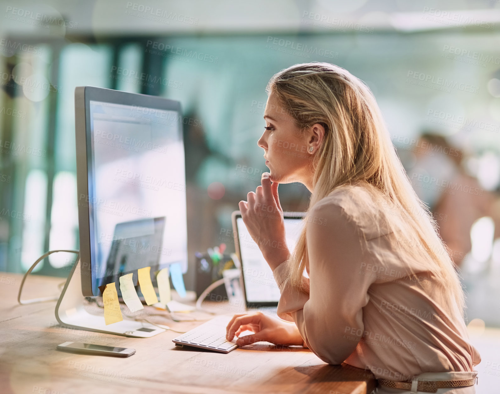 Buy stock photo Office, thinking and woman at computer for market research, ideas and checking article for online report. Reading, typing and businesswoman at desk with technology, website and business growth review