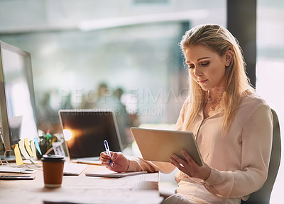 Buy stock photo Office, thinking and woman with notes, tablet and ideas for online report, small business plan and market research. Reading, writing and businesswoman at desk with digital app, growth and development