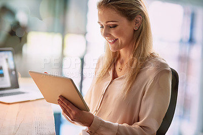 Buy stock photo Office, thinking and woman with smile, tablet and ideas for online report, small business plan and research. Reading, social media and businesswoman at desk with digital app, growth and development