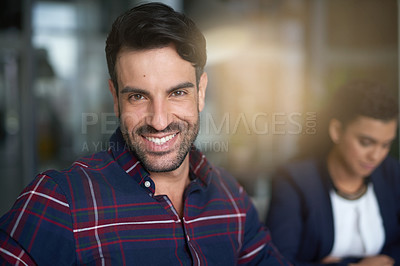 Buy stock photo Portrait of businessman, confident and smile in meeting with staff, management or happy employee with business people in workplace. Office, corporate and man or consultant or entrepreneur for career