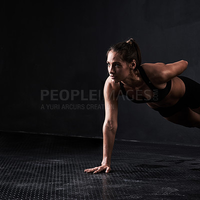 Buy stock photo Sports, push up and woman athlete in studio for arm muscle training with mockup space. Fitness, workout and female person with strength exercise for health or wellness by dark black background.