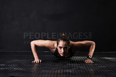 Buy stock photo Fitness, push up and portrait of woman in studio for arm muscle training with mockup space. Sports, workout and female athlete with strength exercise for health or wellness by black background.
