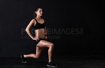Buy stock photo Fitness, lunge and woman in studio with mockup for leg muscle training with energy. Sports, workout and female athlete with cardio exercise for health or wellness isolated by dark black background.