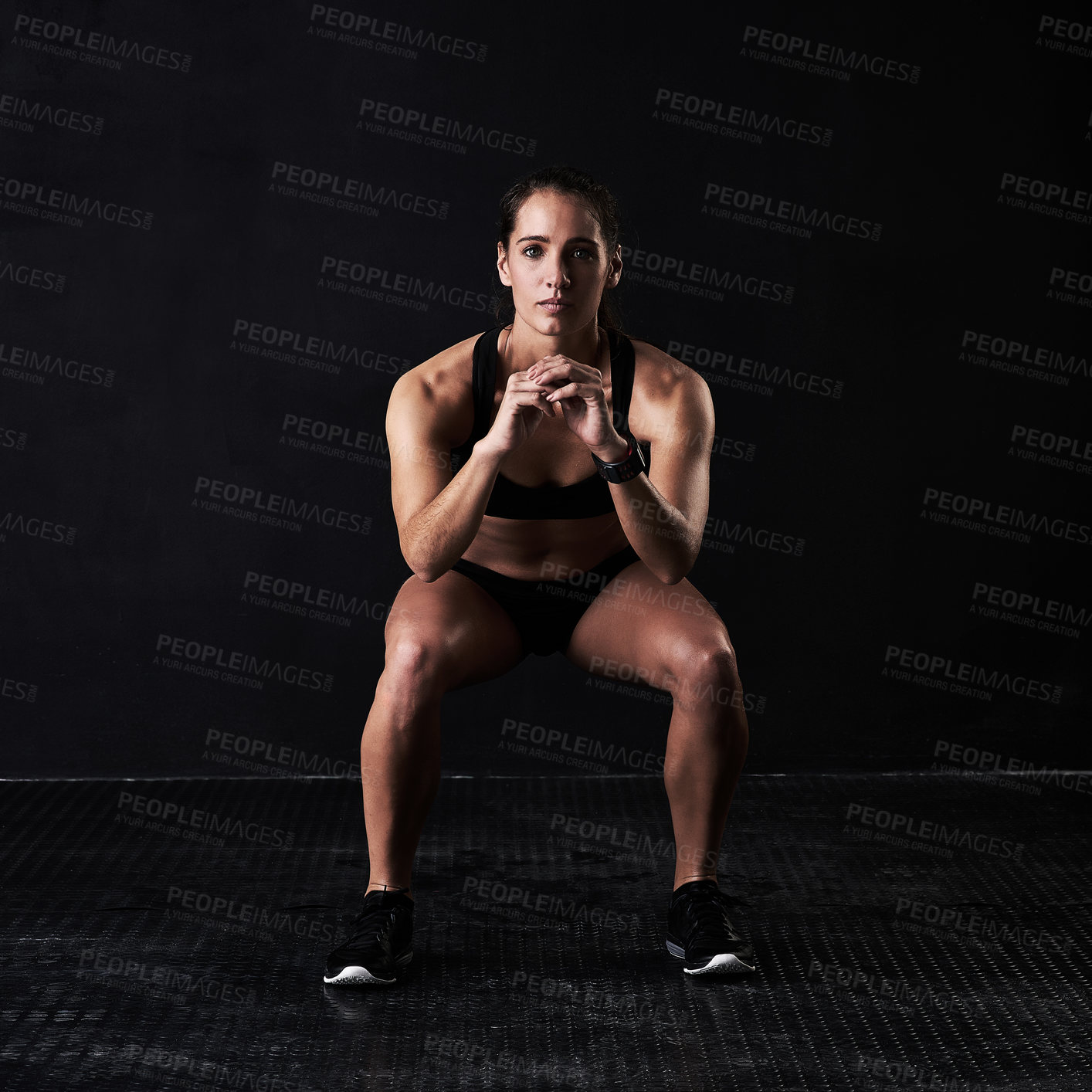 Buy stock photo Sports, portrait and woman with squat in studio for leg muscles strength training for gym. Fitness, workout and female athlete with cardio exercise for health or wellness by dark black background.