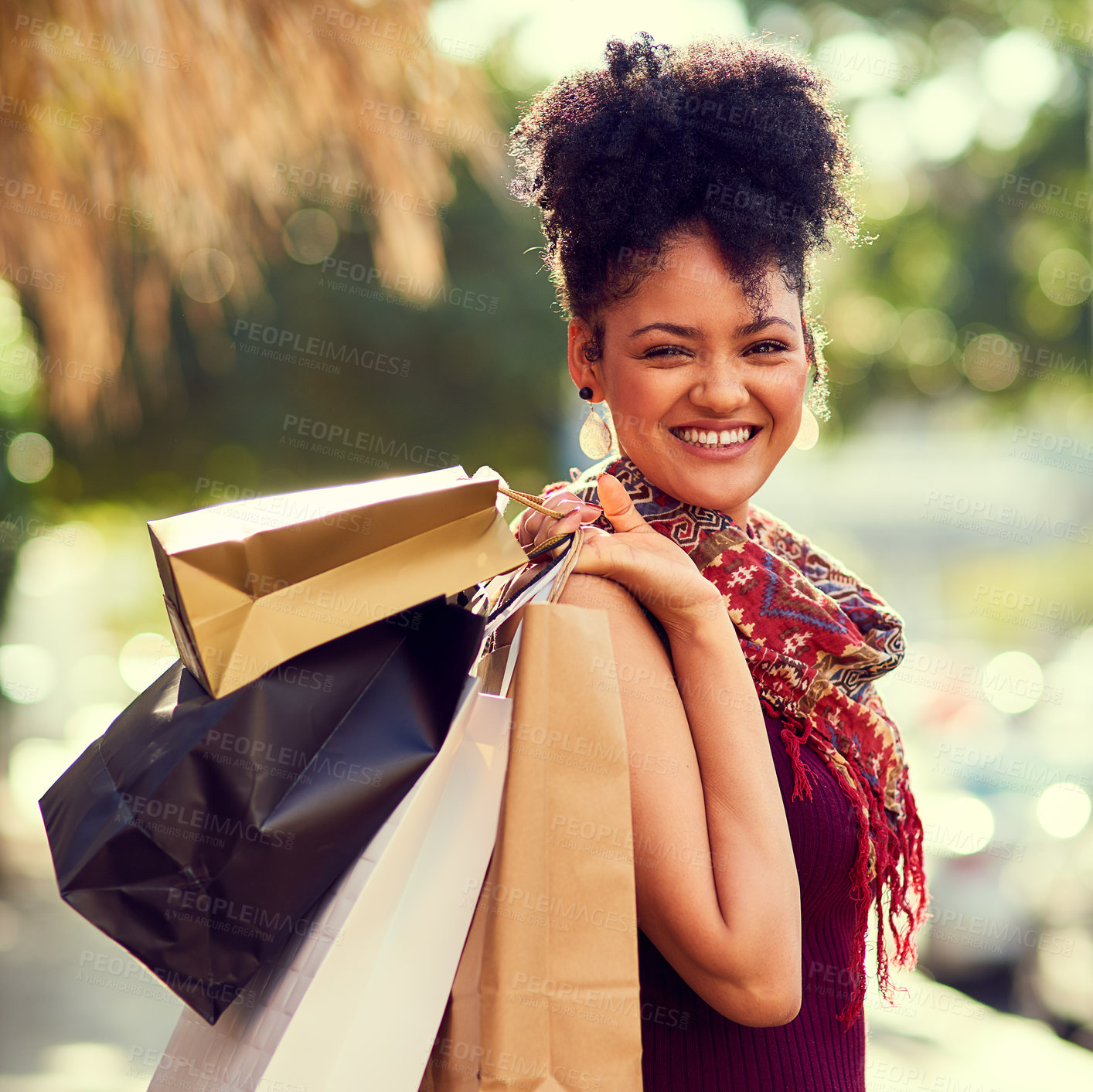 Buy stock photo Woman, portrait and city with shopping bag for discount, sale and bargain in street or fashion. Face of young trendy African person or shopper walking in style and autumn clothes for outdoor retail