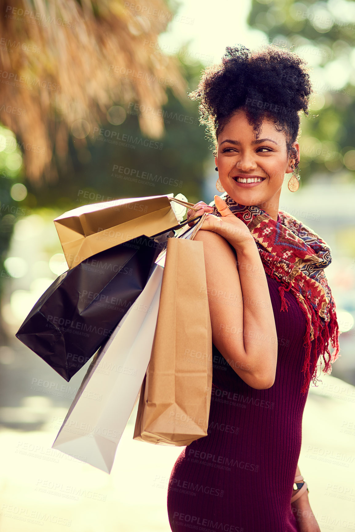 Buy stock photo Woman, thinking and city with shopping bag for discount, sale and bargain in street for fashion. Happy, young and trendy African person or shopper travel with inspiration for style, clothes or retail