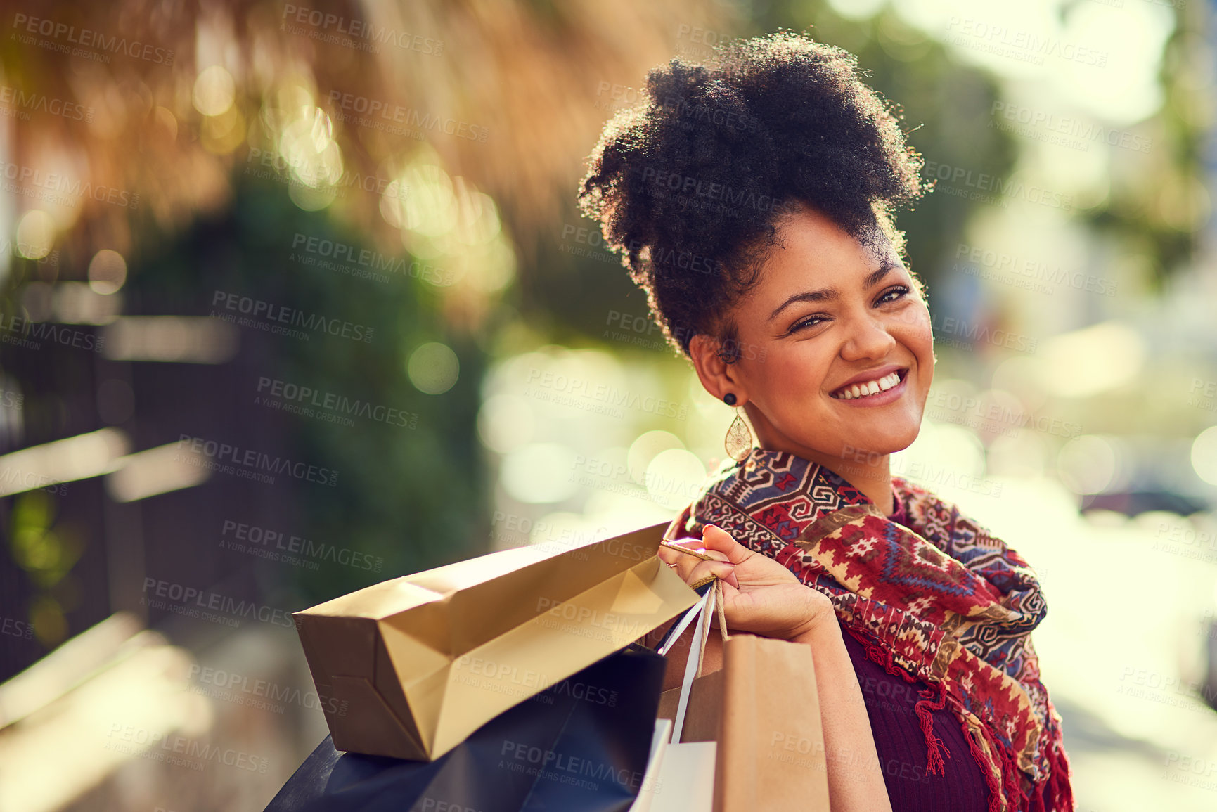 Buy stock photo Woman, portrait and outdoor with shopping bag for discount, sale and bargain in street or fashion. Face of young trendy African person or shopper travel in city with style and clothes for retail