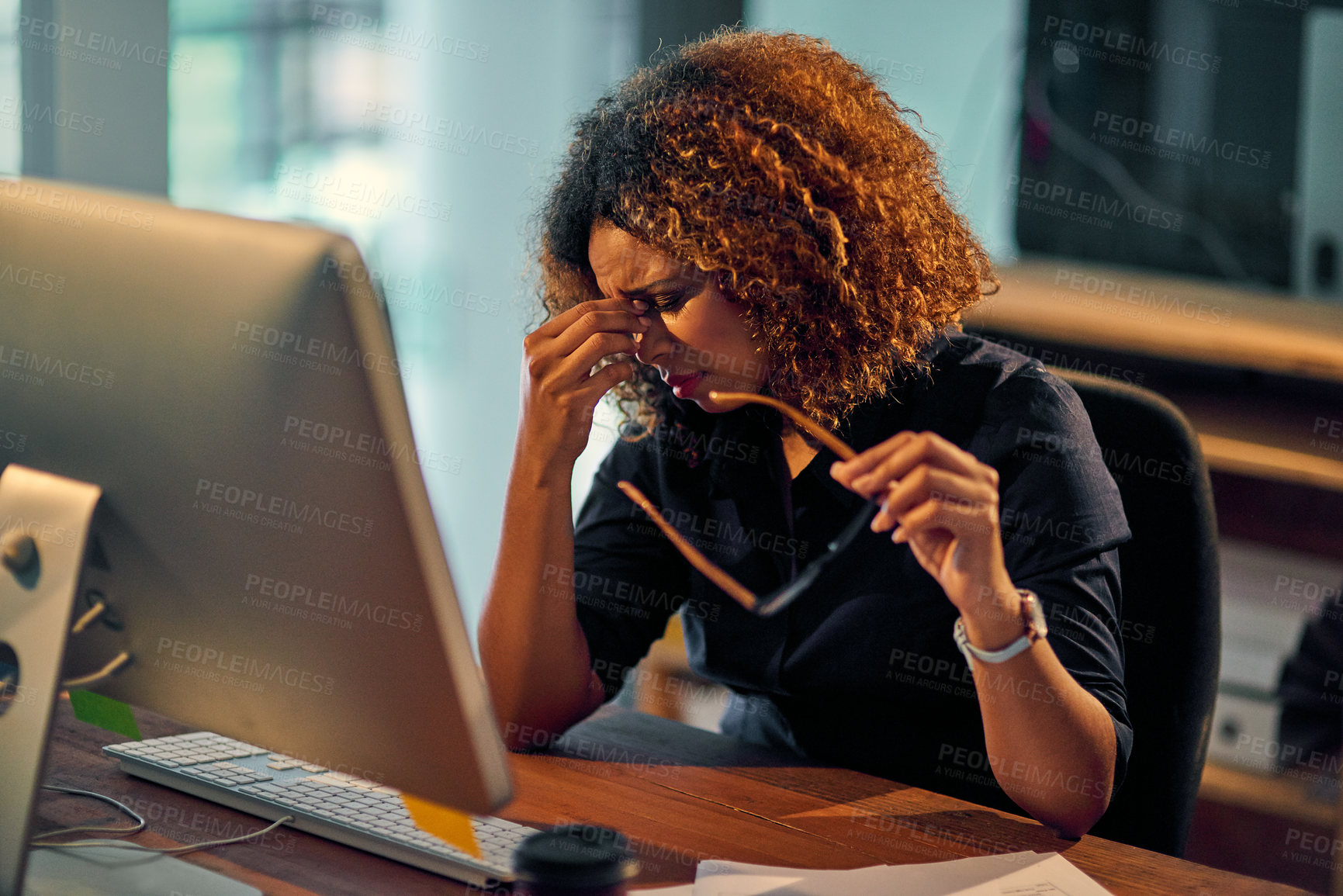 Buy stock photo Businesswoman, burnout and working late night on computer for work deadline with eye strain. Corporate, stress management and office with upset person, mental health issues and tired in company.