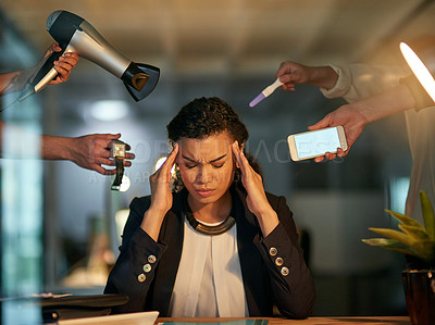 Buy stock photo Cropped shot of a stressed out businesswoman working late in an office