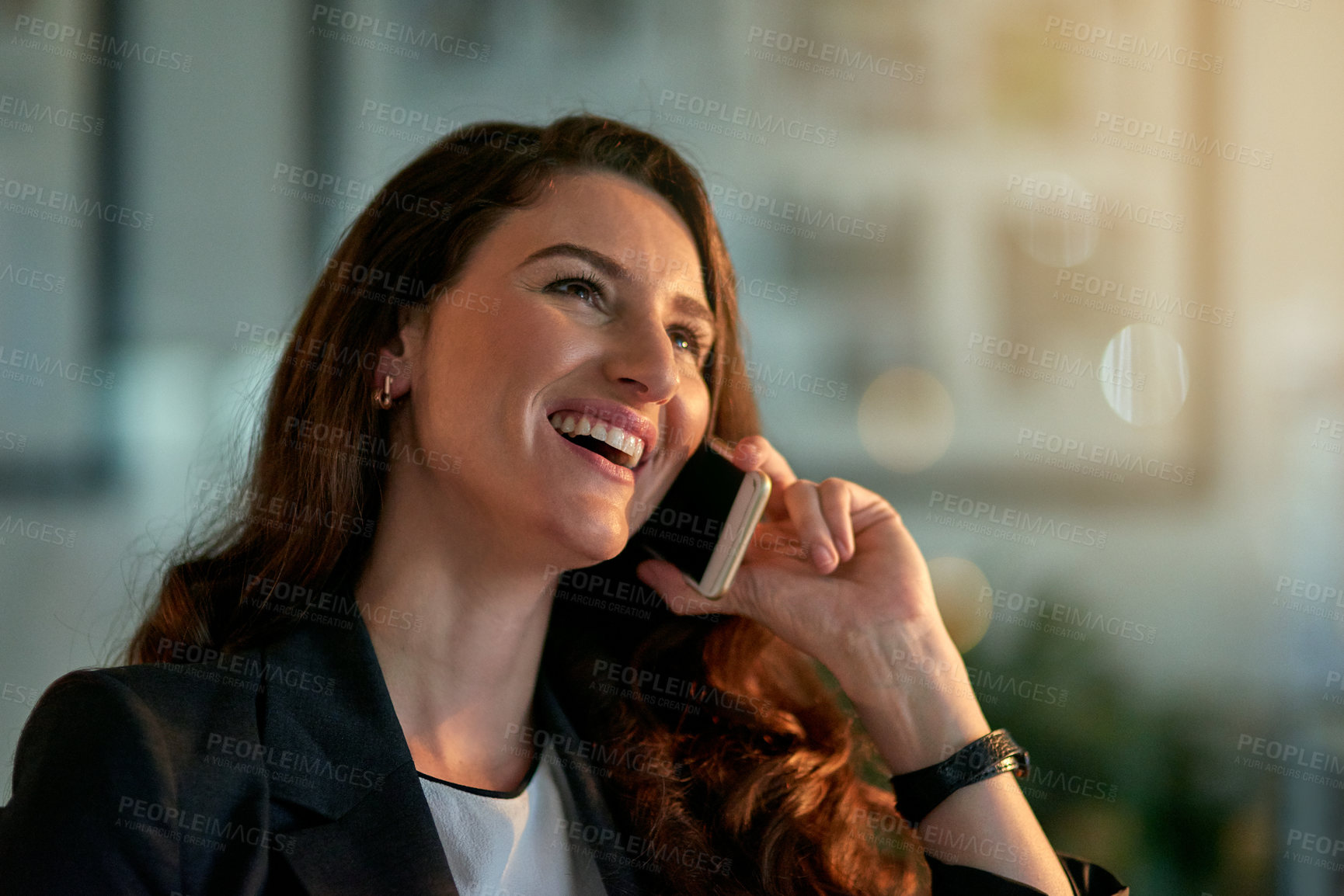 Buy stock photo Smile, phone call and woman with mobile, office and communication for conversation. Technology, smartphone and professional finance manager, workplace and laugh on cellphone for client discussion