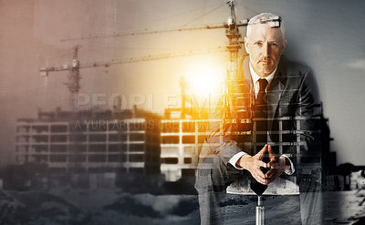 Buy stock photo Portrait of a handsome mature businessman superimposed over a construction site