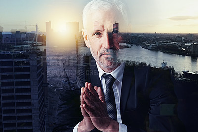 Buy stock photo Portrait of a handsome mature businessman superimposed over a cityscape