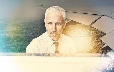Buy stock photo Shot of a handsome mature businessman superimposed over a plane flying overseas
