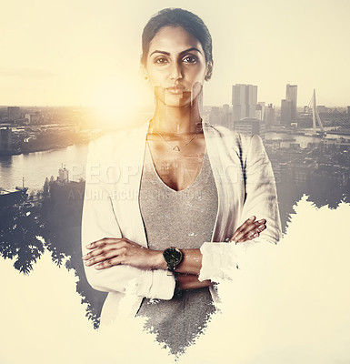 Buy stock photo Portrait of an attractive young businesswoman superimposed over a cityscape
