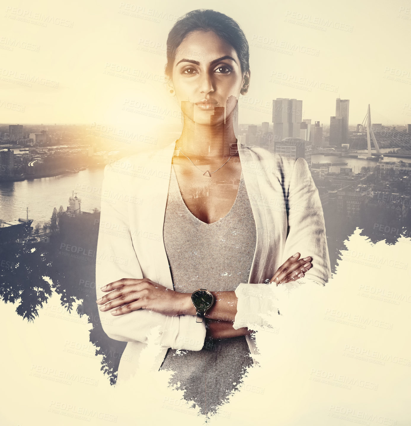 Buy stock photo Businesswoman, portrait and arms crossed with city in double exposure for capital investment and economic asset. Employer, person or private investor with pride for infrastructure project development