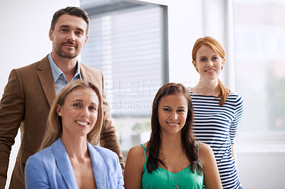 Buy stock photo Portrait, office and group of business people with smile, opportunity or creative collaboration. Consultant, man and women with support, trust and confidence for professional team at startup together