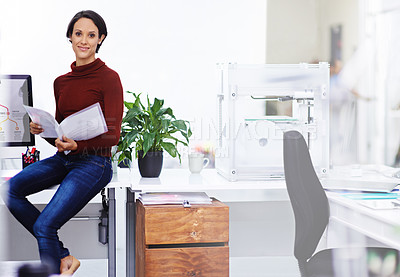 Buy stock photo Woman, office and document with confidence in computer for business or worker contract at work as hr manager. Portrait, female person and paperwork in desk with folder for  company policy and law. 