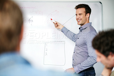 Buy stock photo Happy man, coach and presentation with whiteboard in meeting for staff training or planning at office. Male person, speaker or employee showing colleagues or team graph, chart or information on board