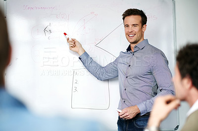 Buy stock photo Happy man, presentation and coaching team with whiteboard for meeting, staff training or planning at office. Male person, speaker or employee showing colleagues graph, chart or information on board