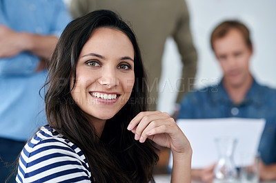 Buy stock photo Portrait, happy woman and strategy meeting at startup, creative brainstorming with team or workshop for ideas. Professional, planning and smile with collaboration for design project at digital agency