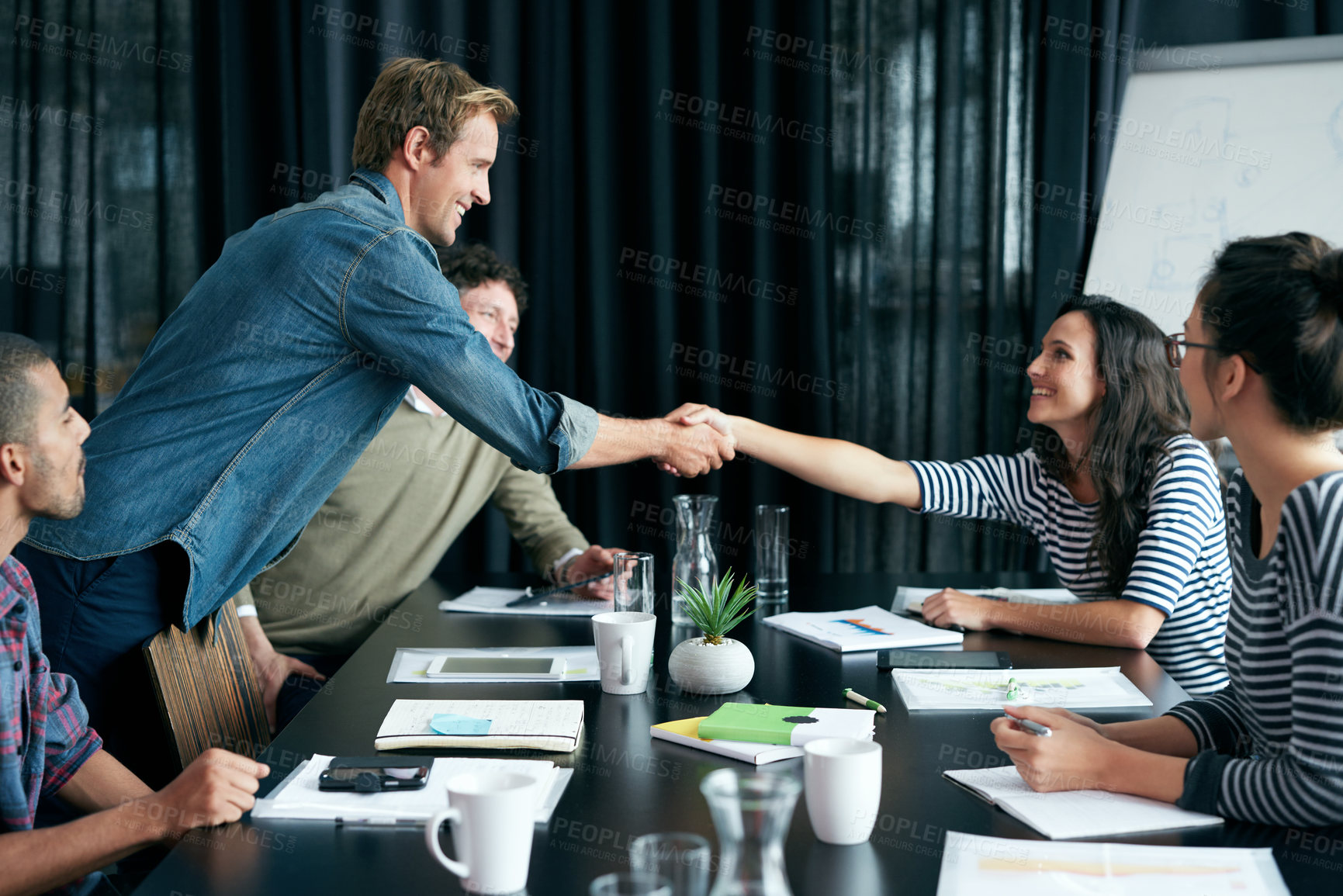 Buy stock photo Handshake, people and deal in office meeting with partnership for contract or business success. Shaking hands, trust and consultant for onboarding in workplace boardroom by collaboration or diversity